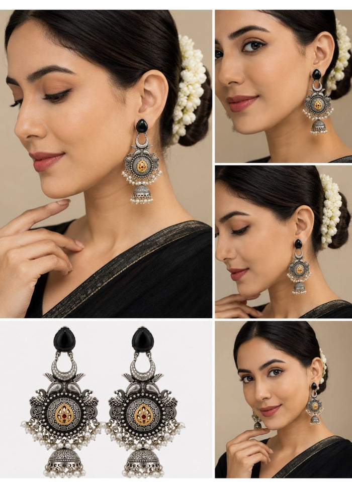 Oxidised Silver Temple Jhumka Earrings with Black Stone & Pearl Drops for Women