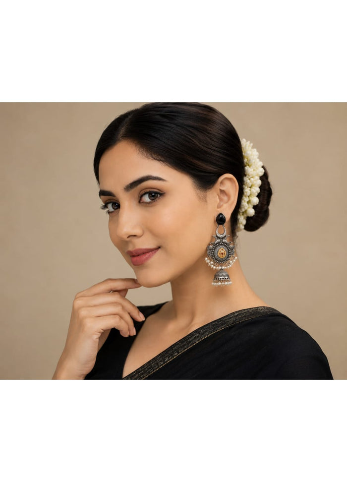 Oxidised Silver Temple Jhumka Earrings with Black Stone & Pearl Drops for Women