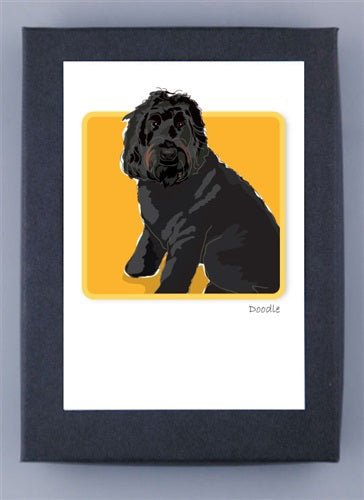 PAPER RUSSELLS - BLACK DOODLE BOX NOTES features a black doodle dog illustration on yellow, centered on a white mat with dark gray frame. Printed on recycled paper in the USA by PAPER RUSSELLS, with “Doodle” in small text at the bottom right.