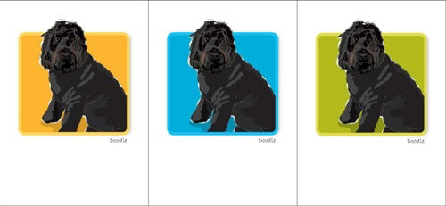 PAPER RUSSELLS - BLACK DOODLE BOX NOTES features a black doodle dog illustration on yellow, centered on a white mat with dark gray frame. Printed on recycled paper in the USA by PAPER RUSSELLS, with “Doodle” in small text at the bottom right.