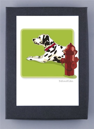 PAPER RUSSELLS' Dalmatian Box Notes features a design of a Dalmatian dog lying left, with a red collar next to a fire hydrant on green recycled paper. The word "Dalmatian" is elegantly inscribed below. Made in the USA and FSC certified for eco-friendly quality.