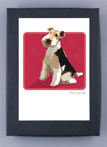 Illustration of a Fox Terrier on a red floral backdrop, crafted on recycled paper. Framed in a dark border, this piece is made in the USA. Product: PAPER RUSSELLS - FOX TERRIER BOX NOTES by PAPER RUSSELLS.