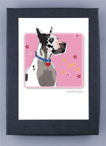 The PAPER RUSSELLS - GREAT DANE BOX NOTES features an illustration of a Great Dane with a blue collar and red heart tag against a pink floral backdrop. The artwork is bordered on an FSC-certified recycled white card, elegantly displayed on a dark surface.