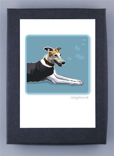 PAPER RUSSELLS - GREYHOUND BOX NOTES by PAPER RUSSELLS features a digital illustration of a greyhound in a black coat on blue, "Greyhound" below, dark border, printed on recycled paper cards. Made in the USA.