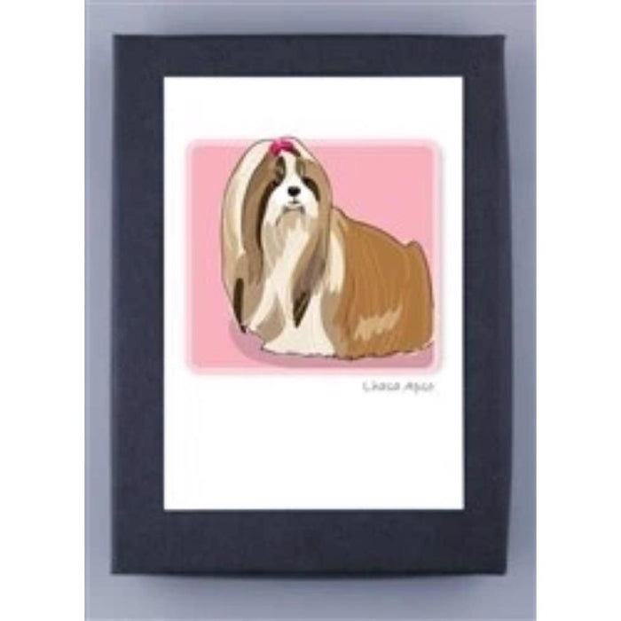 PAPER RUSSELLS - LHASA APSO BOX NOTES by PAPER RUSSELLS features a framed illustration of a long-haired brown and white dog with a pink bow on pink background. Made in the USA using recycled paper, it's both adorable and eco-friendly.
