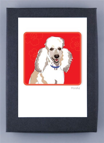 PAPER RUSSELLS - POODLE BOX NOTES by PAPER RUSSELLS features a digital illustration of a white and light brown poodle on a red floral background, centered on a white mat in a black frame, printed on FSC certified recycled paper cards.