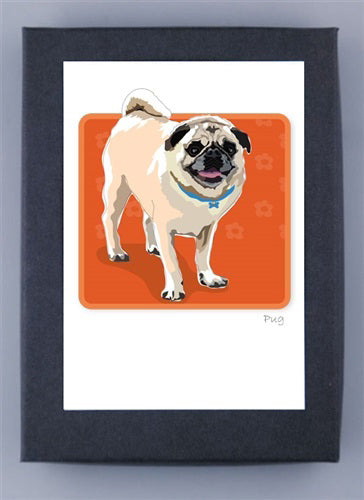 PAPER RUSSELLS - PUG BOX NOTES by PAPER RUSSELLS features a forward-facing pug with an open mouth and curled tail on an orange floral background, bordered in white and framed darkly. Printed on recycled paper cards, made in the USA.