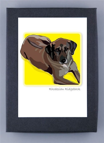 PAPER RUSSELLS - RHODESIAN RIDGEBACK BOX NOTES feature an illustration of a brown Rhodesian Ridgeback lying on a yellow background, “Rhodesian Ridgeback” below the image, framed with a dark border on recycled paper cards made in the USA.