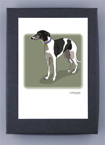 This illustration features a black and white whippet on a green background, with a blue collar. The word "Whippet" appears at the bottom right. It is printed on recycled paper and framed in dark gray, from the PAPER RUSSELLS product line: WHIPPET BOX NOTES.