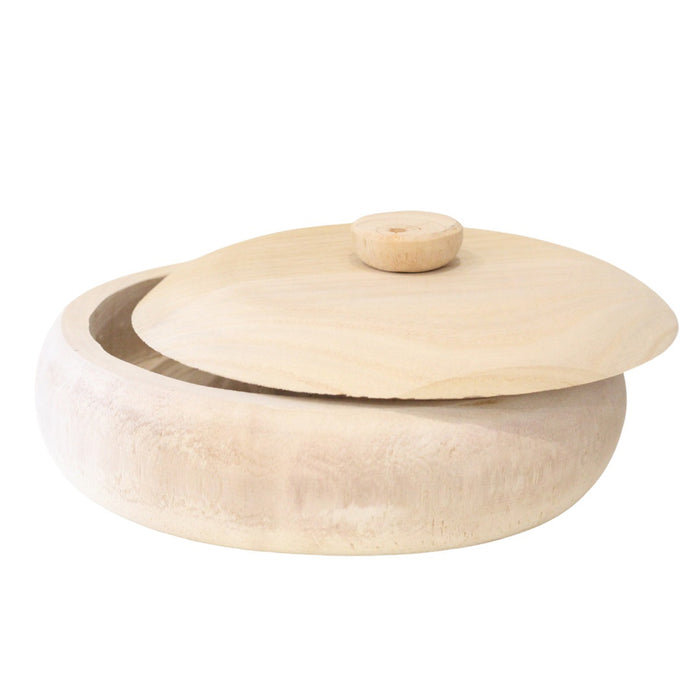 The PAULOWNIA WOOD CONTAINER by CREATIVE COOP is a round, light-colored wood container with a matching lid, slightly open to show its smooth, natural-finish interior.