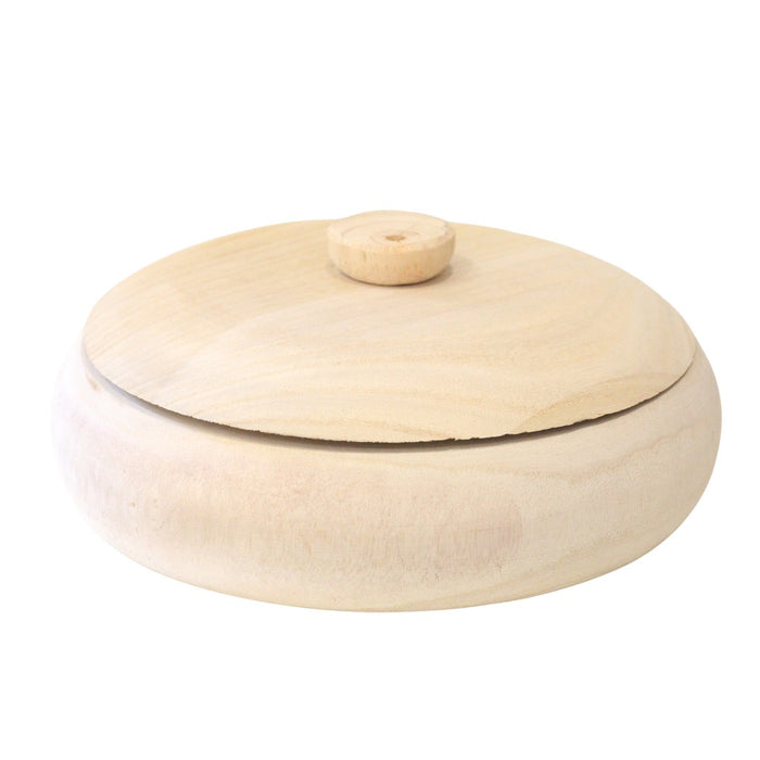 The PAULOWNIA WOOD CONTAINER by CREATIVE COOP is a round, light-colored wood container with a matching lid, slightly open to show its smooth, natural-finish interior.