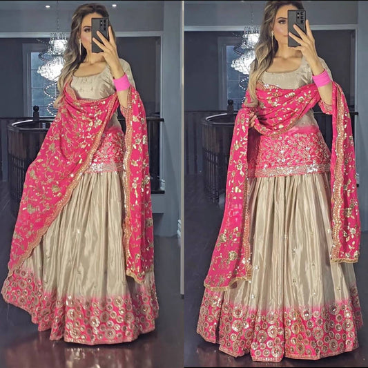 Peding Colour New Chinon Fabric Top Lehenga and Dupatta With Heavy Embroidery Work Set