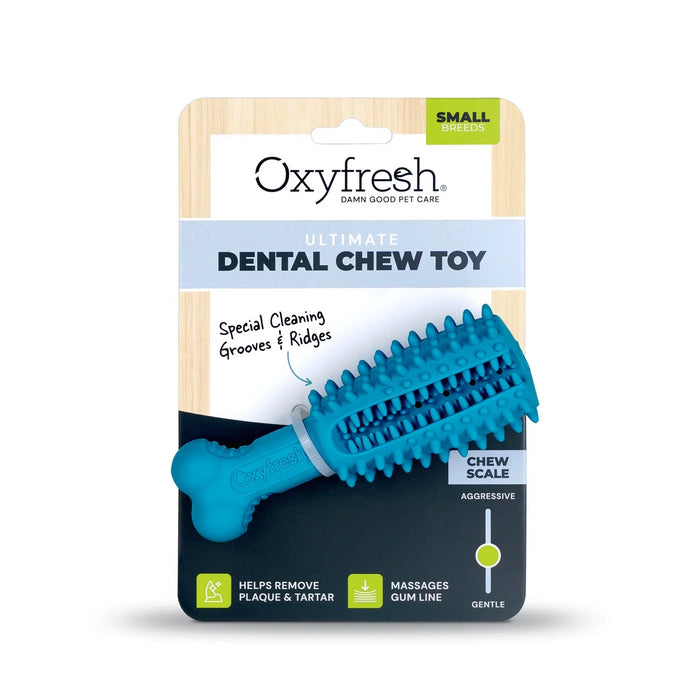 The Oxyfresh Pet Dental Chew Toy for small breeds is a blue marvel, featuring grooves and ridges to clean teeth and massage gums. A treat dispenser adds fun, and its chew scale indicates its perfect for toys to gentle chewers prioritizing dental health.