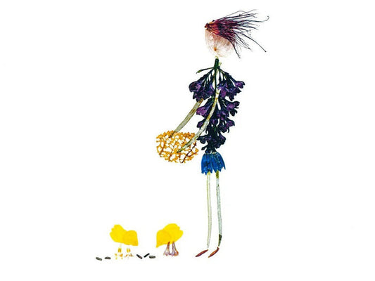 The PETAL PEOPLE PRESS - BARNYARD PARTY CARD features a person and two chicks made from pressed flowers. With a purple flower torso, green stem legs, pink petal head holding a yellow flower basket, and yellow chicks with orange legs, it's perfect for country-themed occasions.
