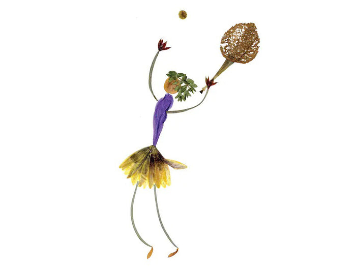 The PETAL PEOPLE PRESS - GAME, SET, MATCH CARD by PETAL PEOPLE PRESS features a whimsical tennis figure crafted from pressed flowers and leaves. It sports a purple upper body, yellow skirt, green leafy head, and holds a plant material racket reaching toward a Trout Lily-like ball.