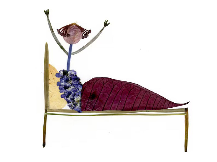 The PETAL PEOPLE PRESS - GET WELL SOON CARD by PETAL PEOPLE PRESS showcases a whimsical figure made from leaves and flowers on a simple-lined bed. The earthy-toned person, resembling a closed flower bud with raised arms, makes it perfect for a botanical-themed card.