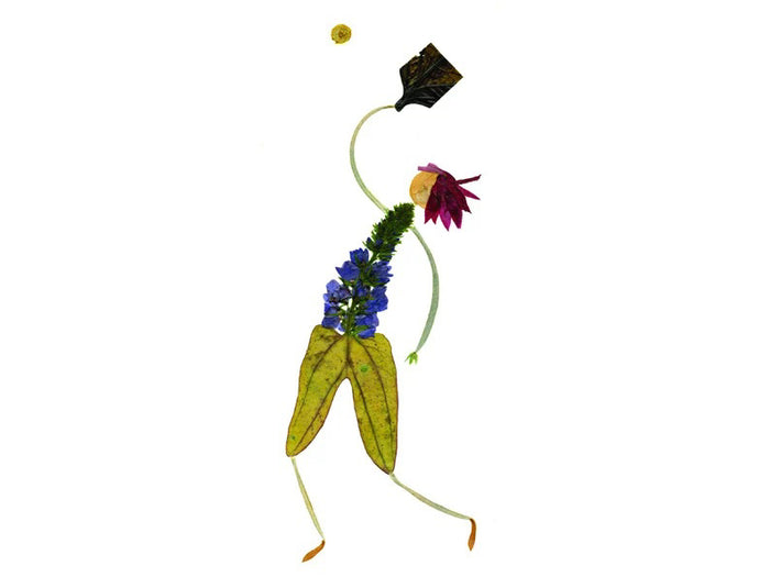 The PETAL PEOPLE PRESS - PICKLEBALL GREETING CARD by Petal People Press features a whimsical figure made of pressed flowers and leaves on a white background, posed dynamically with a black leaf racket and yellow flower ball, resembling an elegant pickleball moment.