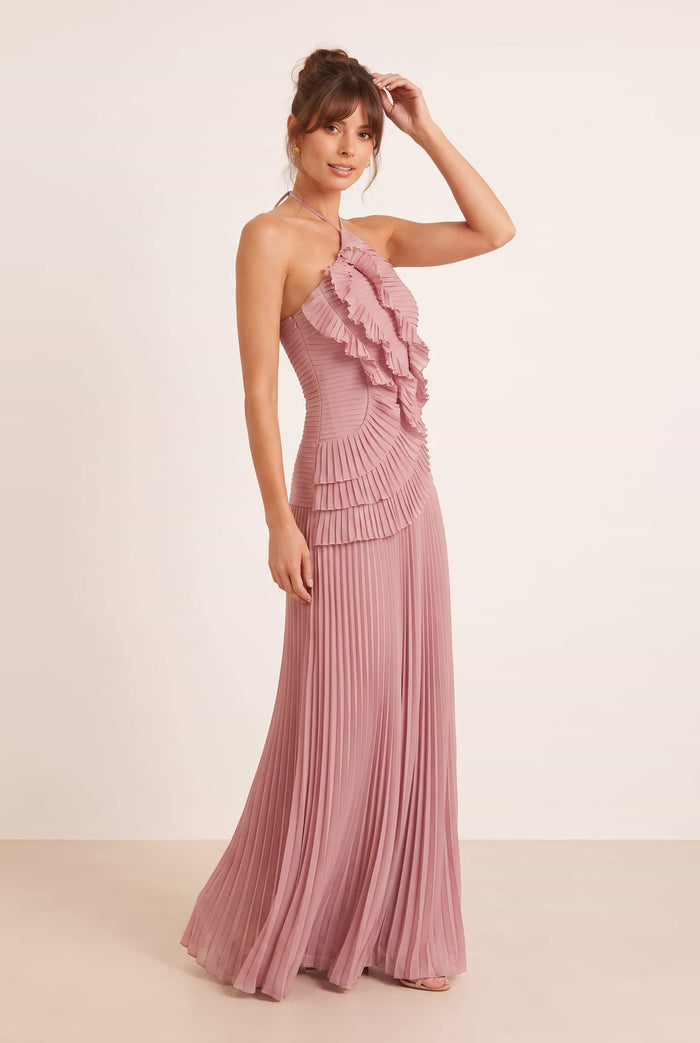 Pleated halter tie dress in Dusky Pink