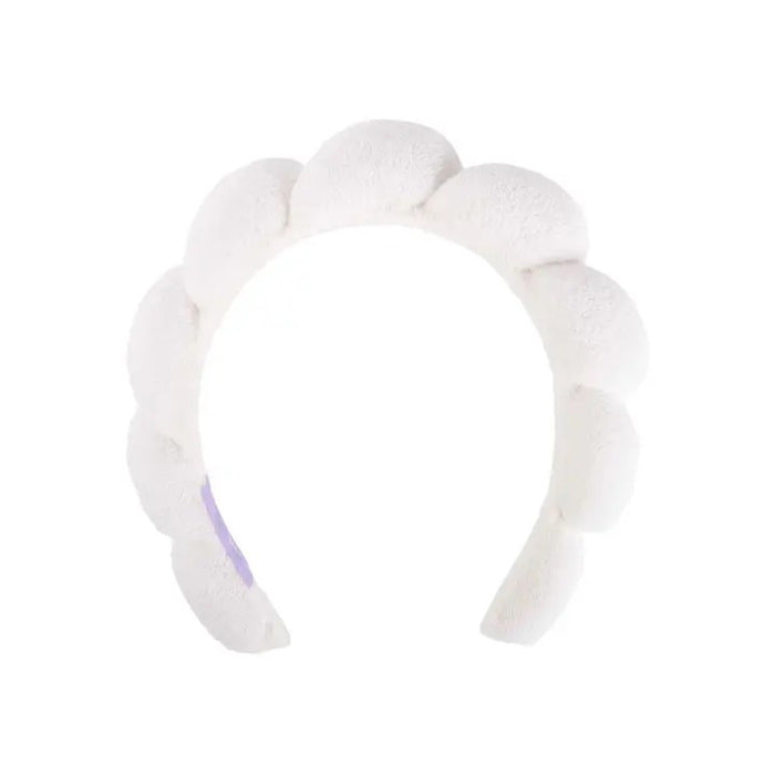 The CAIT & CO PLUSH HEADBAND is a white, plush terry cloth accessory with a scalloped design, ideal for your skincare routine. Shown on a plain white background.