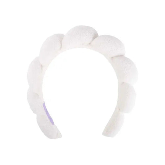 The CAIT & CO PLUSH HEADBAND is a white, plush terry cloth accessory with a scalloped design, ideal for your skincare routine. Shown on a plain white background.