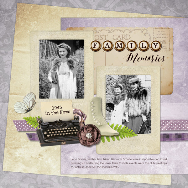 Portraits of the Past 2 Digital Scrapbook Kit is the vintage collection to look to for life stories, family history, genealogy, and any project with a historical style or subject matter. While the digital art elements have a decidedly antique look from the 1920's - 1940's, the word art will be at home on any project featuring family. Typewriter key words include love, family, tree, memories, remember, and story.