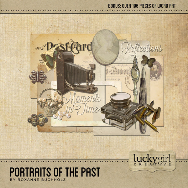 A huge and welcome collection to the digital scrapbooking marketplace is Portraits of the Past Digital Scrapbook Kit. With well over 100 antique digital art embellishments and associated word art pieces, this is the collection to look to for life stories, family history, and any project with a historical style or subject matter. While the digital art elements have a decidedly antique look from the 1920’s – 1940’s, the word art will be at home on any project featuring family.