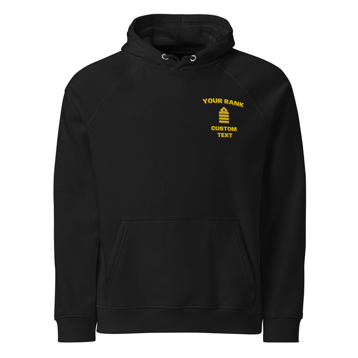 Custom maritime hoodie with personalized golden embroidery on left chest