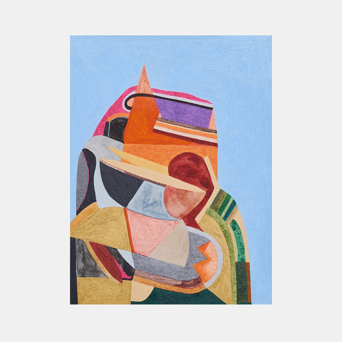 The artwork 'Protector' by Sasha Hallock features an abstract geometric composition with vibrant interlocking shapes in orange, pink, yellow, and green against a serene light blue background. Bold curved lines and angular forms create a dynamic modern design, showcasing a mixed media technique on paper mounted on wood, measuring 8x6 inches.