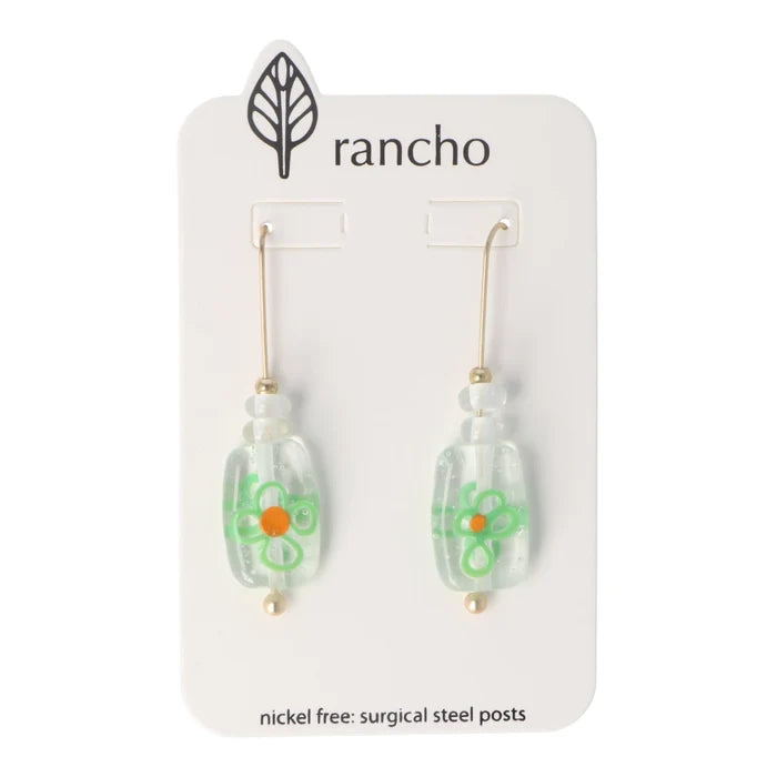 Rancho Hooks - Green Flower Clear Glass Bead Long Gold Straight Hook
