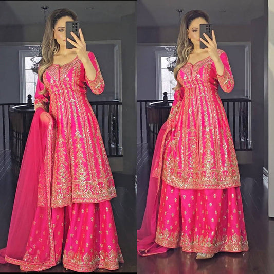 Rani Pink Special Presenting New Long Top Sharara Plazzo Dupatta Suit Set