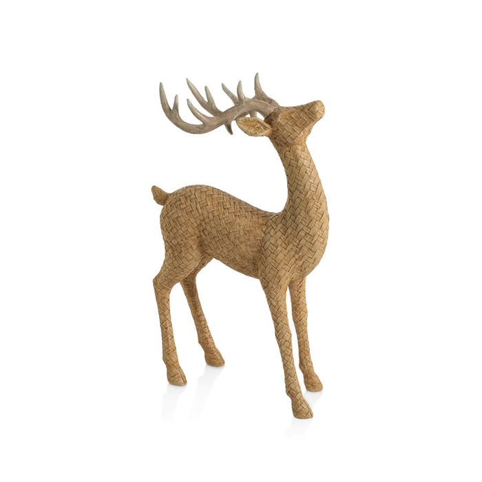The ZODAX RATTAN STANDING DEER features charming woven straw detail and white antlers. Measuring 8.25" x 13", these figurines are beautifully displayed against a neutral, softly blurred background.