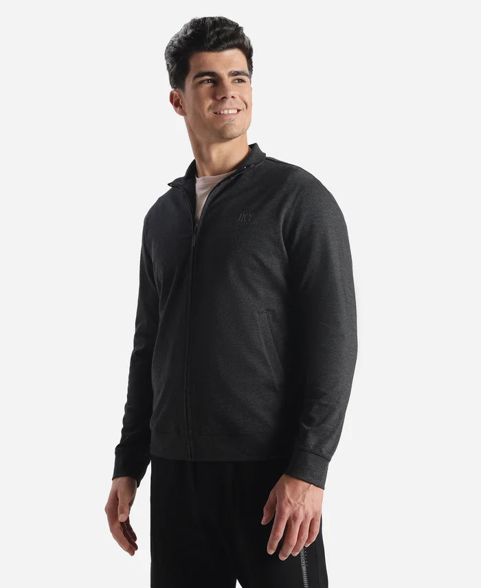 Rayon Nylon Elastane Stretch Jacket with Ribbed Cuffs - Black Melange