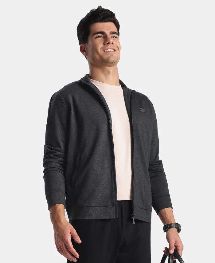 Rayon Nylon Elastane Stretch Jacket with Ribbed Cuffs - Black Melange