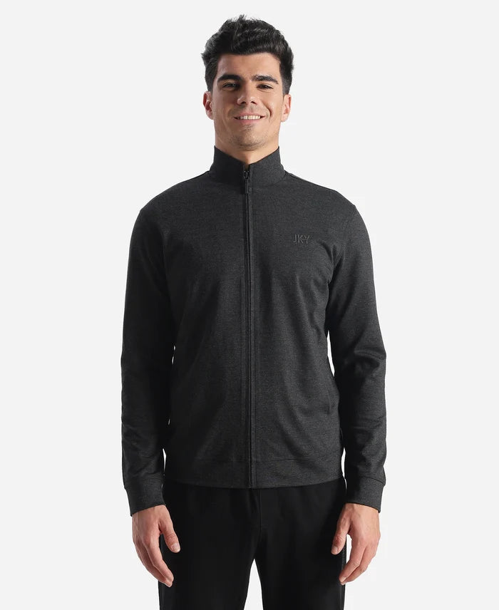 Rayon Nylon Elastane Stretch Jacket with Ribbed Cuffs - Black Melange