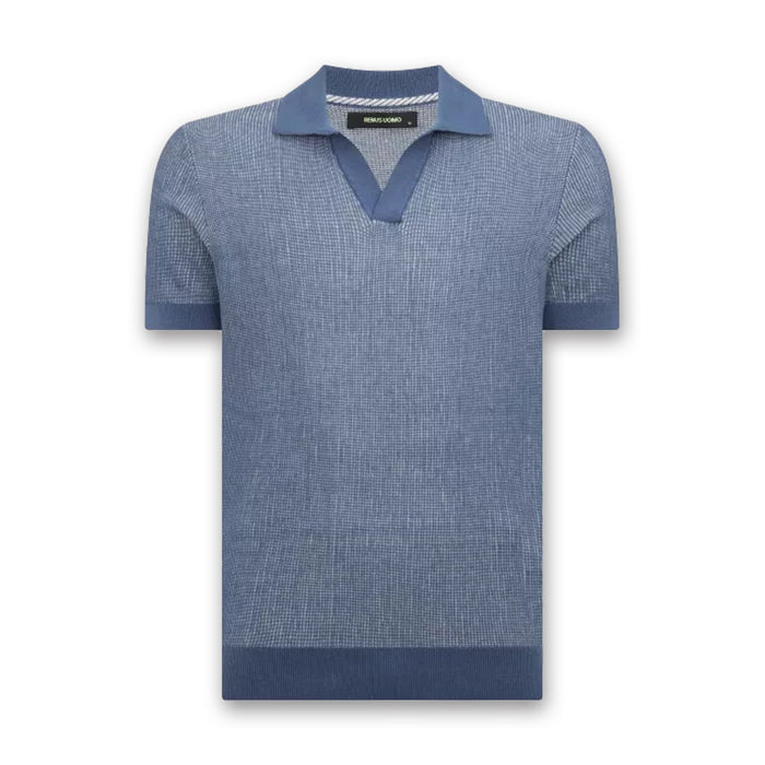 Remus - Slim Fit Open Collar Knit Polo in Blue - Nigel Clare