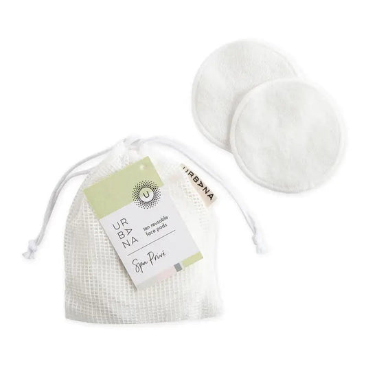 A set of REUSABLE FACE PADS from EUROPEAN SOAPS, LLC, perfect for your skin care routine. The image shows two white, round face pads and a white drawstring mesh bag with a tag that reads "REUSABLE FACE PADS, Spa Prive." An ideal travel companion for staying refreshed on the go.