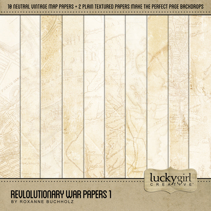 Extensively researched, this vintage American Revolutionary War Papers 1 Digital Scrapbook Kit is great for family genealogy projects. 12 antique digital art maps and charts from around 1775 - 1783, when the 13 American colonies fought Great Britain for their freedom, are used to create subtle, textured background papers.