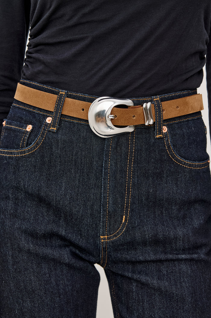 Rodeo Belt with a Brown Leather Belt with Belt Loop and a Chunky Gold-Toned Buckle in Brown Suede Colorway - Front View Featured on Model