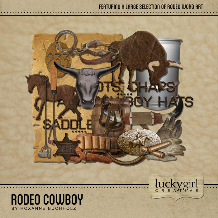 The Rodeo Cowboy Digital Scrapbook Kit by Lucky Girl Creative features an antique color palette of digital art embellishments such as white-washed elements, rustic wood tones, metal pieces and natural leather textures perfect for documenting your Western-themed projects. Included are many western and rodeo elements such as ropes, saddle, wanted poster, stars, gloves, bullets, belts, buckles, barrels, roping practice, and lots of fun word art.
