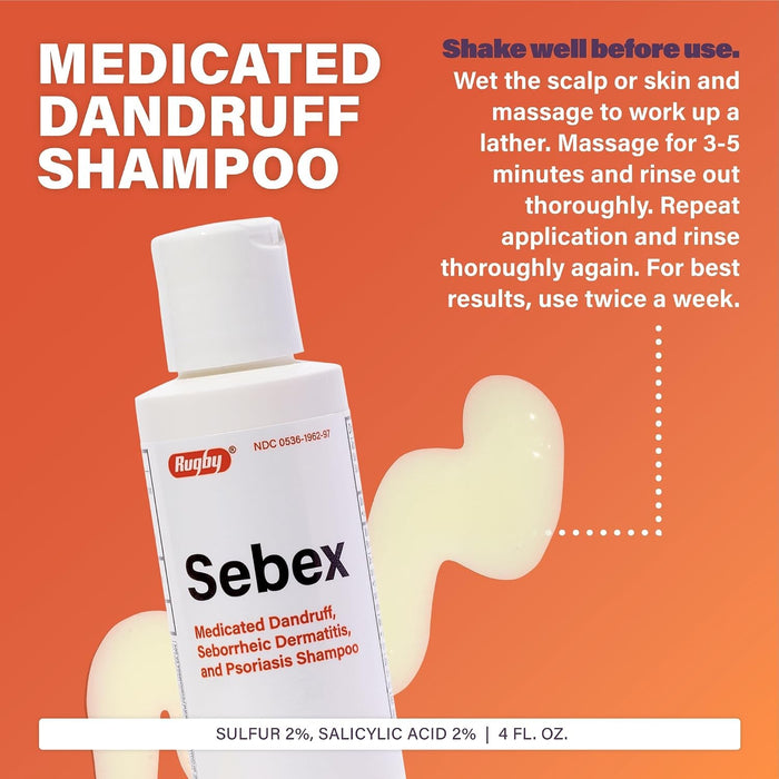 Rugby Sebex Medicated Dandruff, Seborrheic Dermatitis & Psoriasis Shampoo, Unscented, 4 fl oz