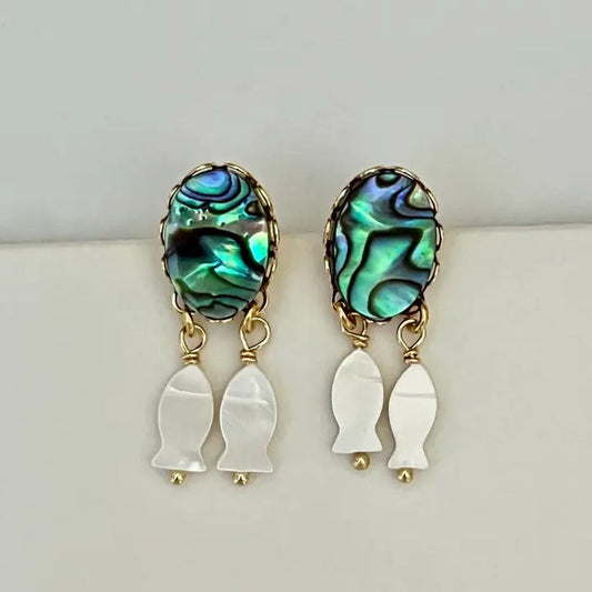 SANDRINE FRANCE STUDIO MINI Earrings: Handmade gold earrings with oval abalone cabochons featuring blue-green iridescence, each accented by two small Mother of Pearl fish charms. Crafted in NYC by SANDRINE FRANCE STUDIO.