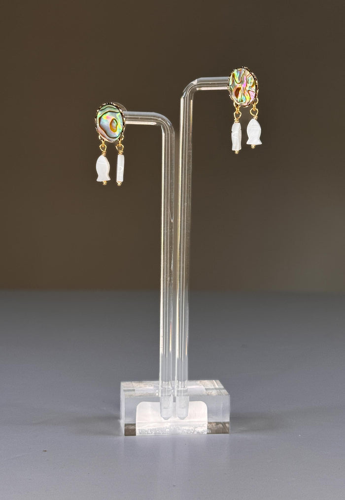 SANDRINE FRANCE STUDIO MINI Earrings: Handmade gold earrings with oval abalone cabochons featuring blue-green iridescence, each accented by two small Mother of Pearl fish charms. Crafted in NYC by SANDRINE FRANCE STUDIO.