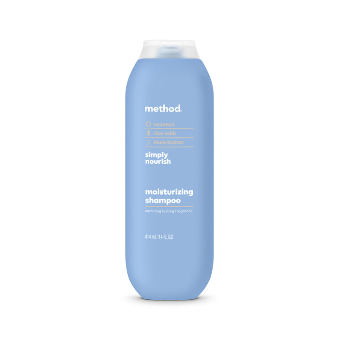 Methods blue 414 mL simply nourish shampoo, with coconut, rice milk, and shea butter, offers a nourishing wash. It features cruelty-free ingredients and a long-lasting fragrance, ensuring every use is hair and planet-friendly.
