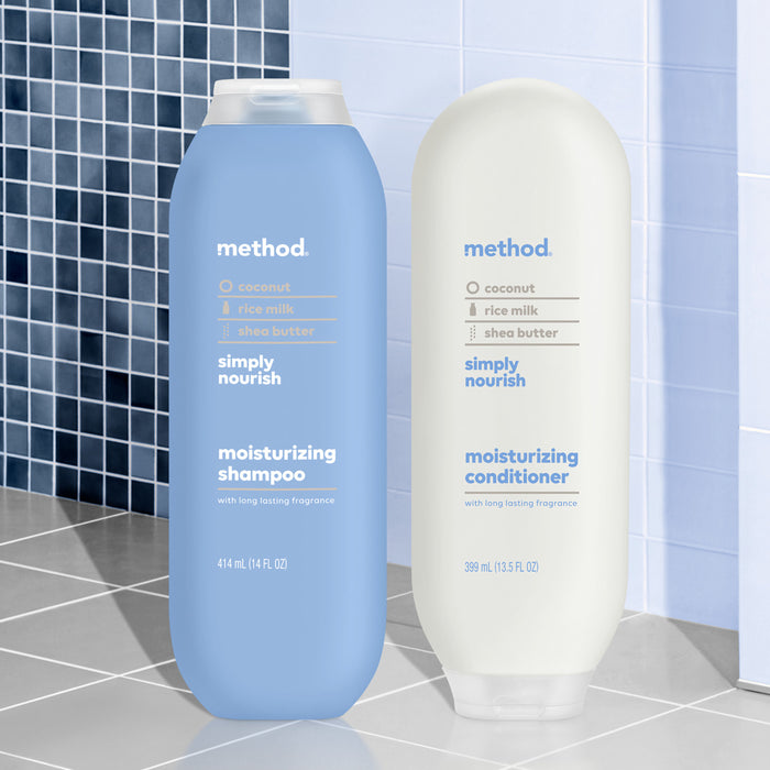 Two Method hair care bottles on tiles: a blue moisturizing shampoo labeled coconut, rice milk, shea butter, cruelty-free, and a white moisturizing conditioner with the same nourishing ingredients.