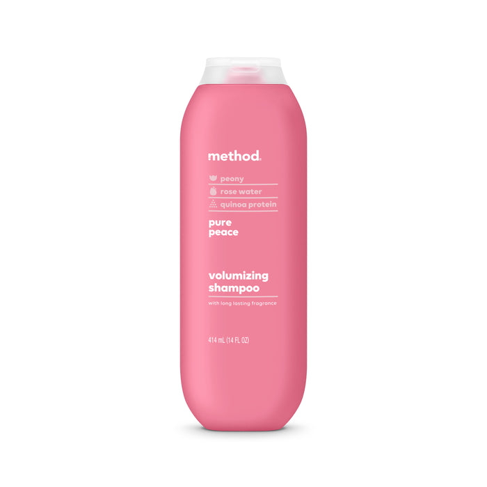 Methods cruelty-free pink bottle of Volumizing Shampoo Pure Peace combines peony, rose water, and quinoa protein. This 414 mL (14 fl oz) formula offers a long-lasting fragrance for lush, voluminous hair.