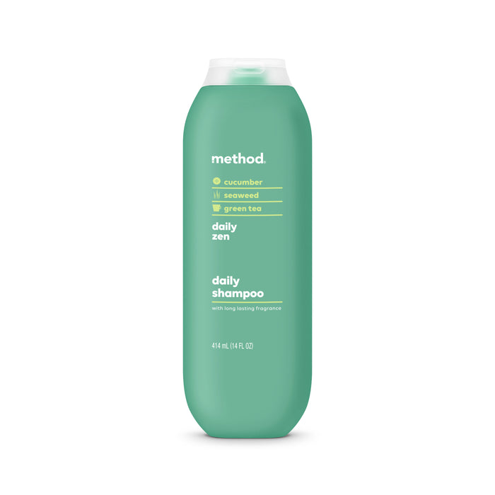 A green bottle of methods Shampoo in a 414 mL (14 fl. oz.) size features cucumber, seaweed, and green tea with a long lasting fragrance tagline highlighting its cruelty-free ingredients.