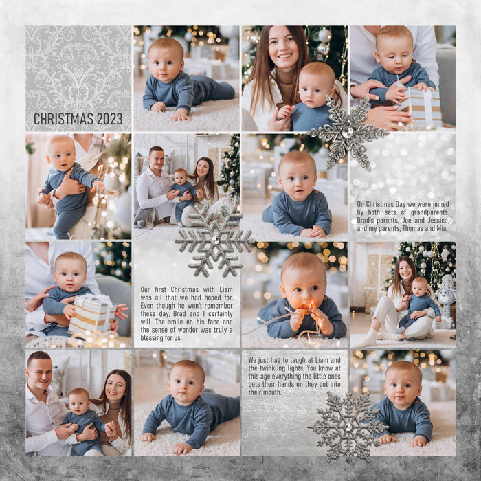 This silver themed digital art collection, Silver Bells Digital Scrapbook Bundle by Lucky Girl Creative, is right on trend and perfect for the holiday season whether for Christmas or the New Year. Silver Bells Digital Scrapbook Kit features a photo-realist style that would appeal to anyone and will make the perfect holiday cards or birthday party, wedding, or anniversary scrapbooking pages. This kit pairs perfectly with the Silver Bells Paper and Frames Digital Scrapbook Kit also available for purchase.