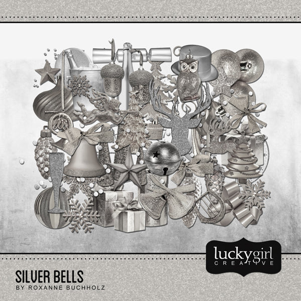This silver themed digital art collection, Silver Bells Digital Scrapbook Bundle by Lucky Girl Creative, is right on trend and perfect for the holiday season whether for Christmas or the New Year. Silver Bells Digital Scrapbook Kit features a photo-realist style that would appeal to anyone and will make the perfect holiday cards or birthday party, wedding, or anniversary scrapbooking pages. This kit pairs perfectly with the Silver Bells Paper and Frames Digital Scrapbook Kit also available for purchase.