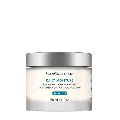 A 60 ml white jar of SKINCEUTICALS - DAILY MOISTURE by SKIN CEUTICALS with a silver lid, offering lightweight hydration and visible pore minimization, ideal for normal or oily skin.
