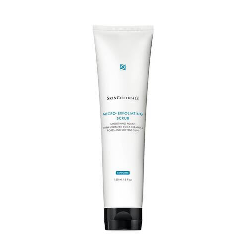 A white 150 ml (5 fl oz) tube of SKINCEUTICALS MICRO EXFOLIATING SCRUB, with a blue accent near the cap and minimalist black and blue text, contains hydrated silica for gentle face exfoliation.